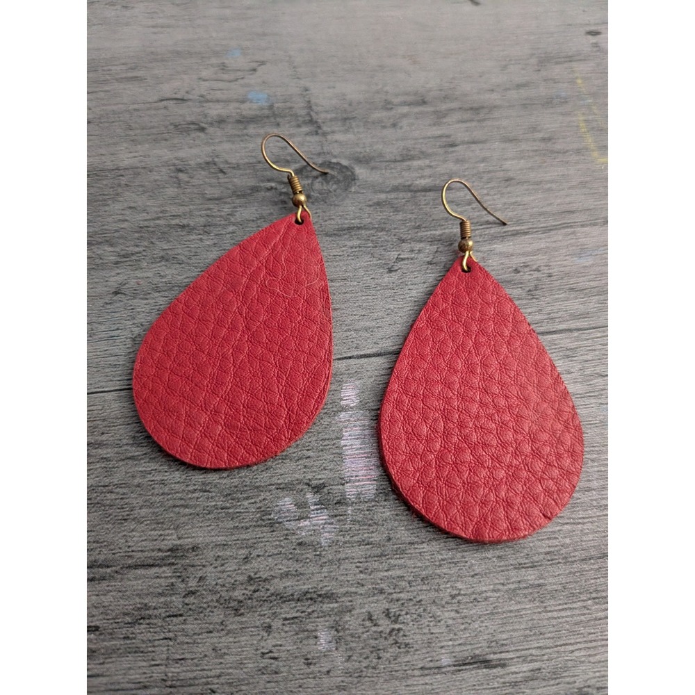 Red Faux Leather Teardrop Earrings Pebbled Texture Boho Drop Dangle Brass Hooks
